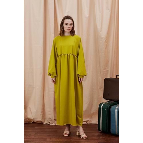 Qumika - Bel Robalı 2 İplik Sweat Elbise - Yağ Yeşili - STANDART