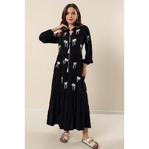 Qumika - Kolları ve Üstü Nakışlı Elbise - 177 - Siyah - XL