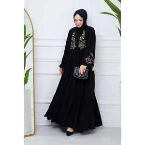 Qumika - Çiçek Nakışlı Elbise - 008 - Siyah - XL