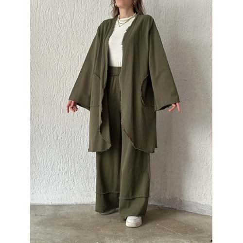 Qumika Saçaklı Kimono Pantolon Takım - Yeşil - L