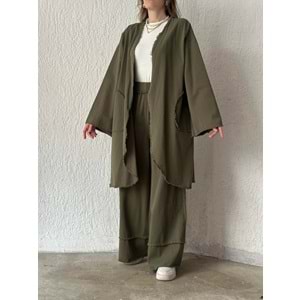 Qumika Saçaklı Kimono Pantolon Takım - Yeşil - M