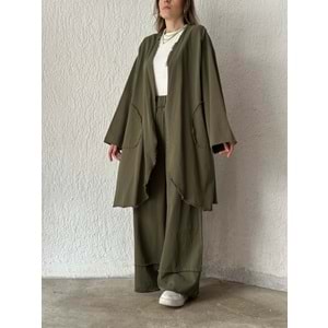 Qumika Saçaklı Kimono Pantolon Takım - Yeşil - M