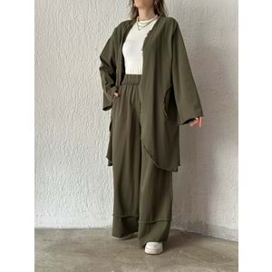 Qumika Saçaklı Kimono Pantolon Takım - Yeşil - S